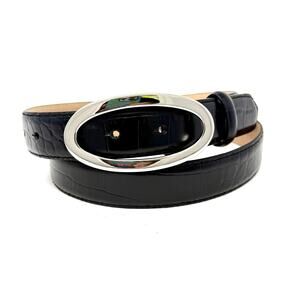 Reptile Embossed Black Leather Belt with Shiny, Oval Buckle Women's Medium EUC
